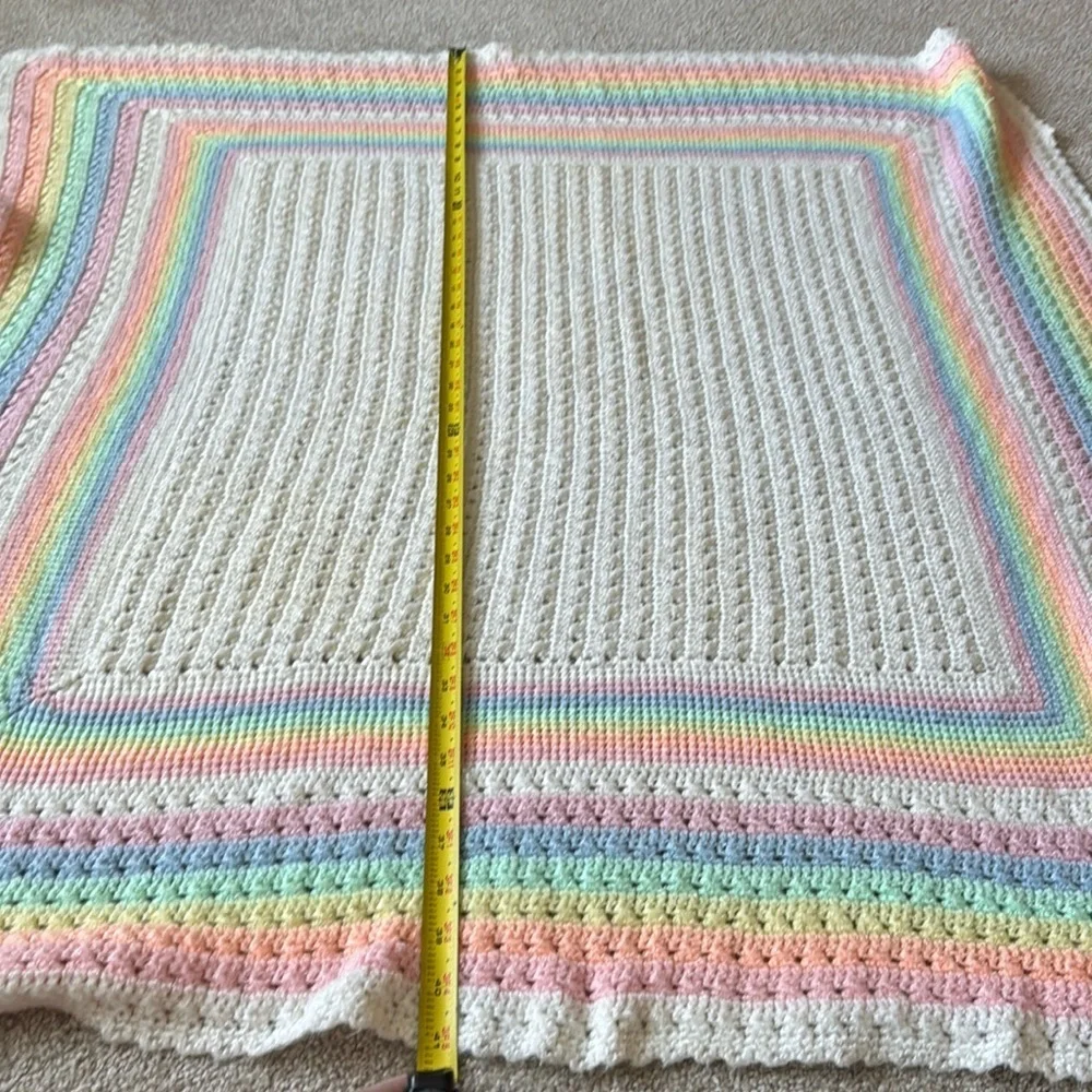 Crochet Rainbow Handmade Baby Blanket Afghan, Stroller Throw, White and Pastel